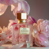 parfum floraison, produk katalog. minyak wangi merah muda, pink parfum mewah indonesia. parfum wangi bunga peony. bunga mawar